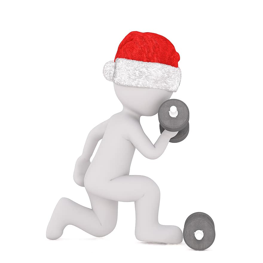 hombre blanco, modelo 3d, cuerpo completo, 3d, blanco, aislado, Navidad, sombrero de Santa, culturismo, constructor de cuerpo, pesos