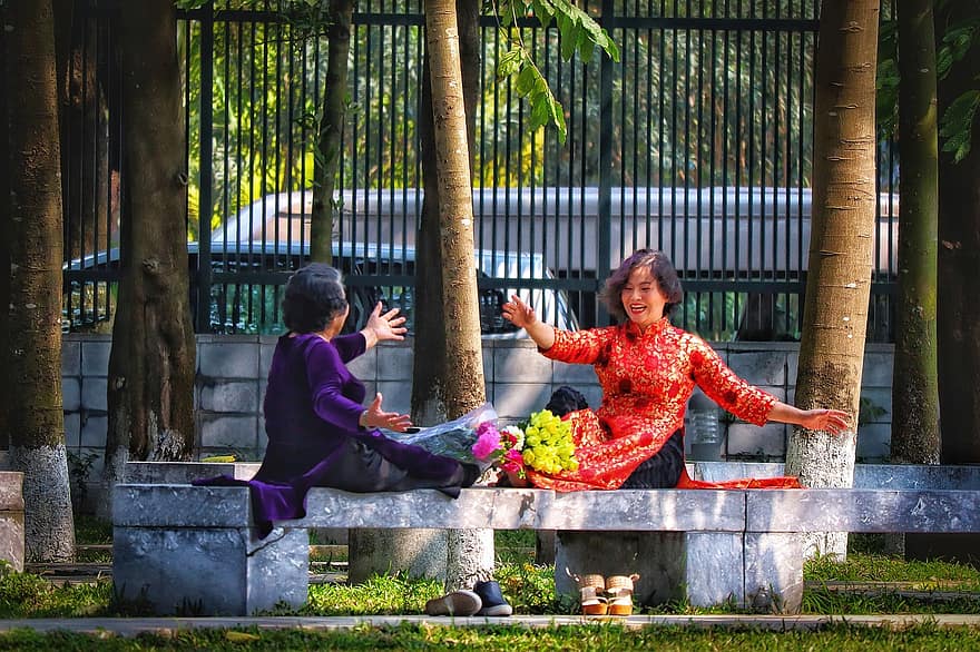 жінки, В'єтнам, сміятися, жест, друзі, на відкритому повітрі