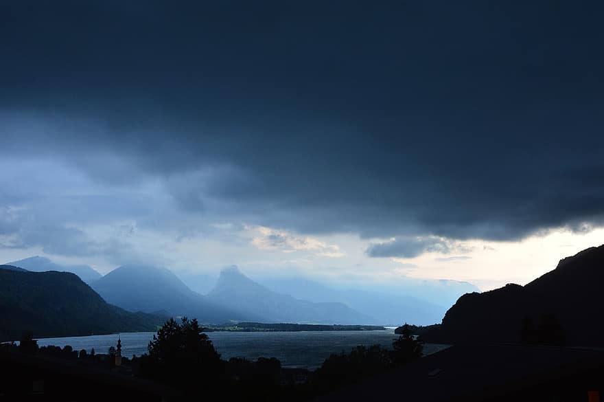 προς τα εμπρός, Lake Wolfgang, λίμνη, καιρός, σύννεφα, μπροστά από την καταιγίδα, salzkammergut, Αυστρία, st, gilgen, κακό