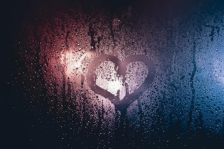serce, kształt, okno, deszcz, krople, szkło, miłość