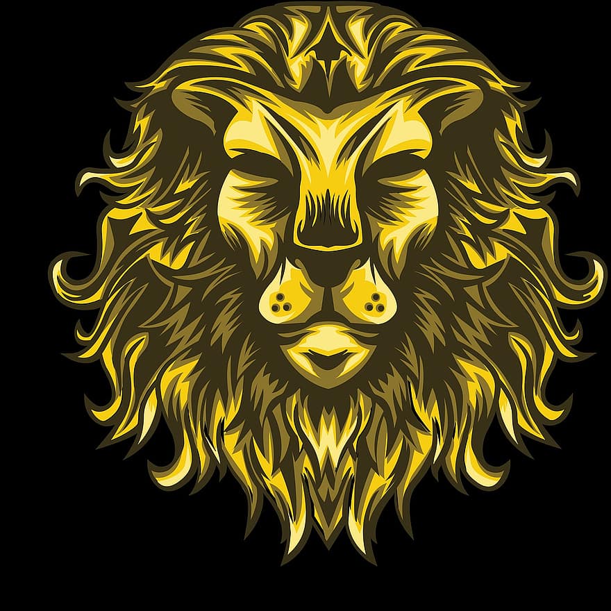 lleó, rei de la jungla, rei, jungla, or, il·lustració, decoració, símbol, vector, cap d’animals, felí