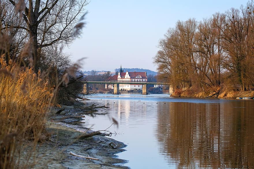 манастир, сгради, река, езеро, Манастир Нойхаус, Neuhaus, Бавария, природа, архитектура, дърво, вода