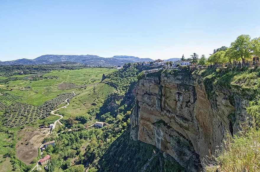 berg, cliffside, spanien, andalusien, Provinsen Malaga, Benaojan, by, bergen, träd, landsbygden, landskap