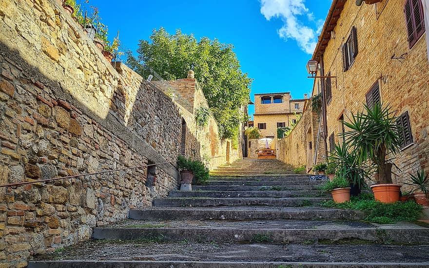 Reise, Tourismus, San Gimignano, Italien, toskana, Treppe, historisches Zentrum