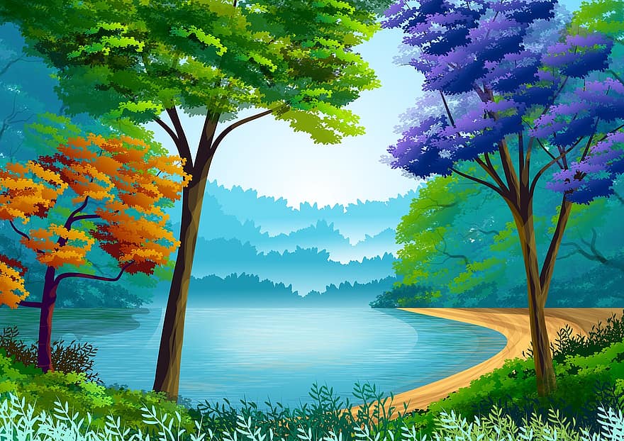 paisatge, il·lustració, horitzó, naturalesa, fons, fons de pantalla, cel, arbres, bosc, aigua, rio
