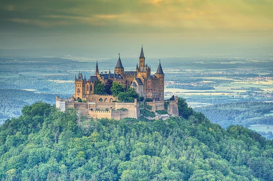 castillo, Hohenzollern, paisaje, Baden Wurtemberg, históricamente, Alemania, zollernalb, vista lejana, fortaleza, castillo ancestral, residencia
