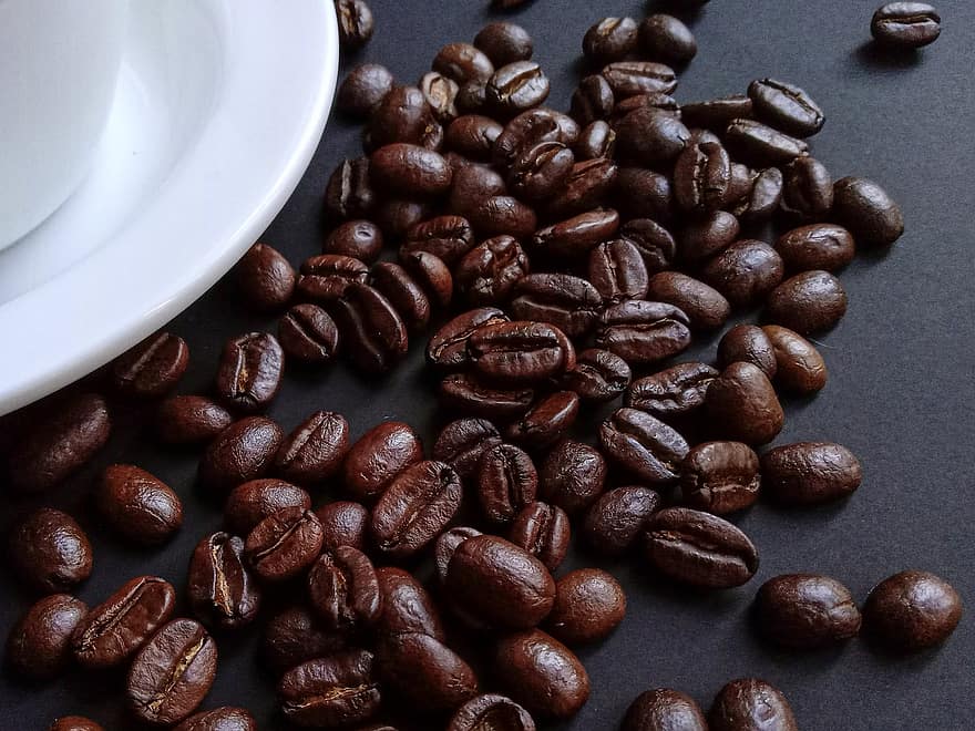 kaffe, kaffebönor, rostade kaffebönor, närbild, böna, bakgrunder, mörk, friskhet, koffein, utsäde, dryck