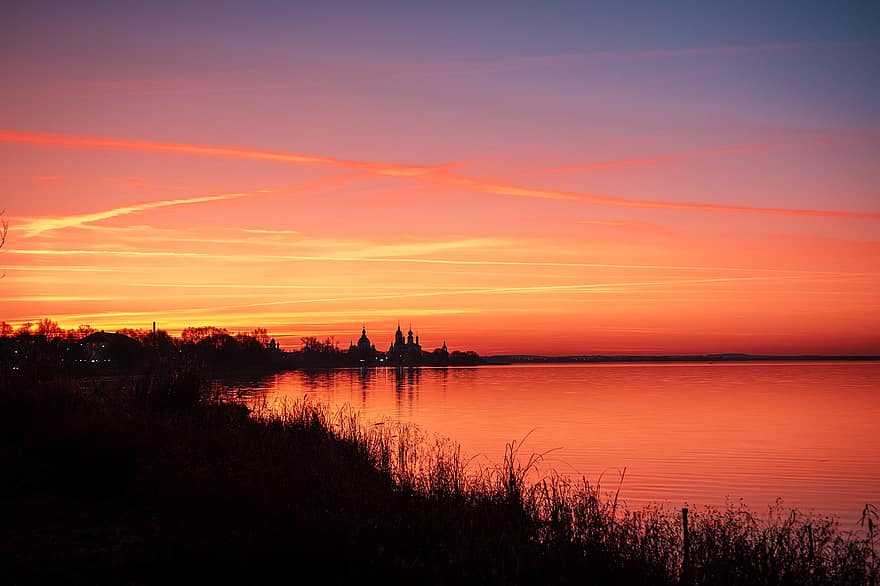 puesta de sol, estanque, monasterio, río, antiguo, ciudad, Rostov, ortodoxo, Iglesia, arquitectura, otoño