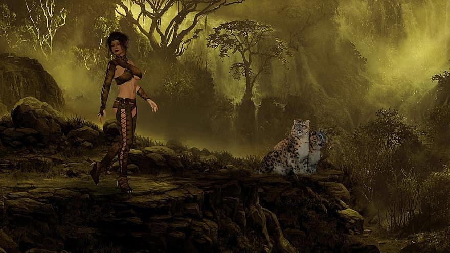 Background, Woods, Cliff, Woman, Leopard, Fantasy, Female, Character, Digital Art
