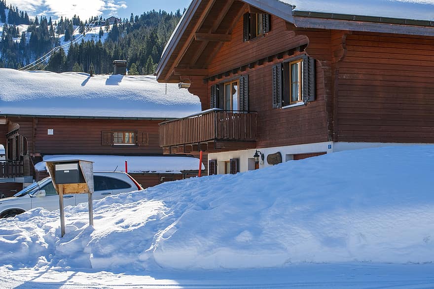 บ้าน, หมู่บ้าน, ฤดูหนาว, หิมะ, ถนนรถแล่น, กองหิมะที่ถูกลมพัดมากองไว้, ภูเขาแอลป์, ตัวเมือง, Brunni, ตำบลของ schwyz, ประเทศสวิสเซอร์แลนด์