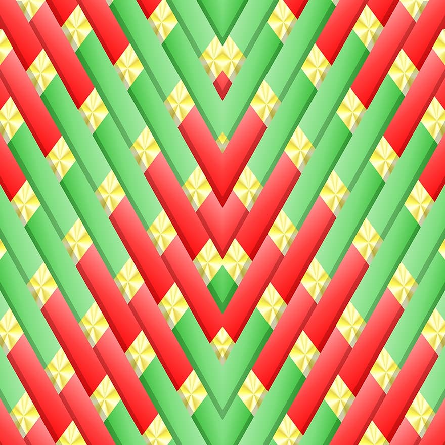 Christmas, Geometric, 3d, Design, Pattern, Red, Green, Gold, Bands, Bars, Tubes