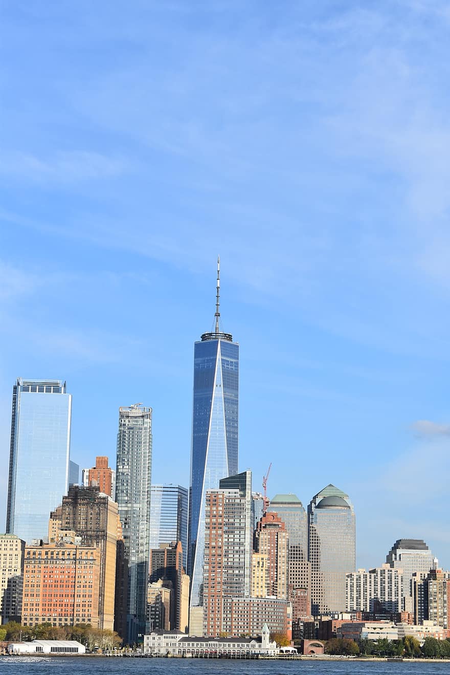 New York, byggnader, stad, skyskrapor, horisont, flod, himmel, urban, stadens centrum, stadsbild, new york city