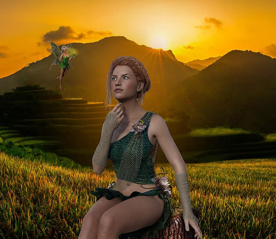 Background, Mountains, Valley, Lady, Fairy, Fantasy, Female, Character, Digital Art