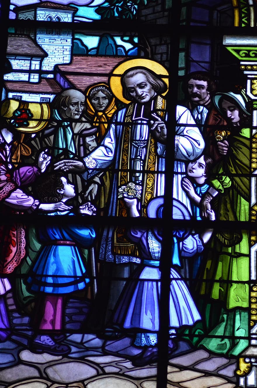 färgatglas, församlingspräst, välsignelse, barn, bekännare, St Jean Marie Vianney, frankrike