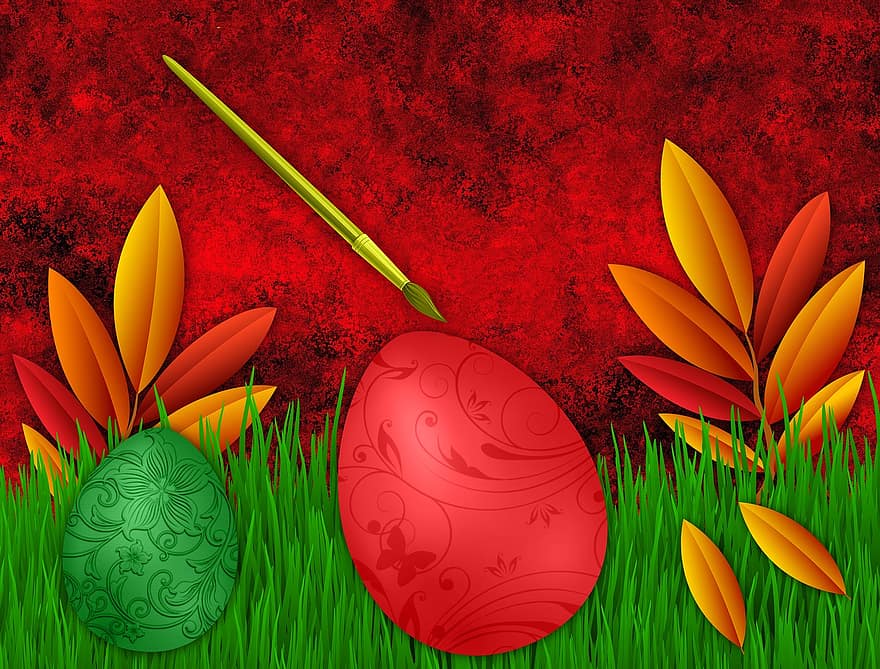 húsvéti, tojás, levelek, gyep, háttér, kefe, struktúra