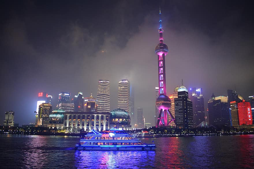 Shanghai, tv-torni, kaupunki, yö-, joki, vene, valot, siluetti, pilvenpiirtäjät, rakennukset, torni