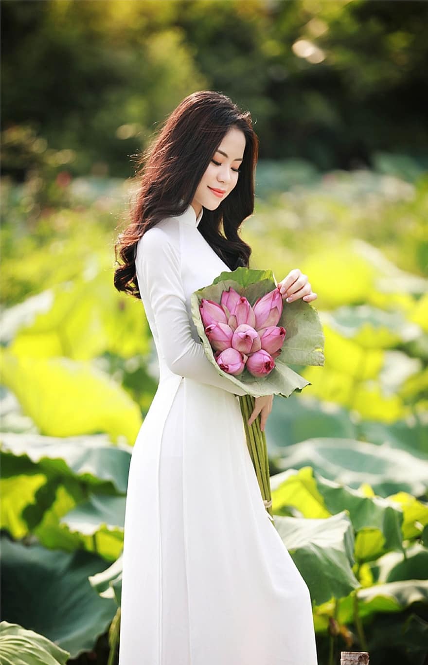 modelo, ao dai, lótus, flores, moda, mulher, menina, jovem, vietnamita, Vestido Nacional do Vietnã, tradicional