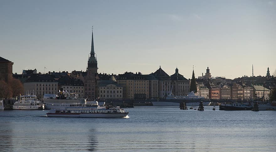 Stockholmu, Švédsko, Skandinávie, slunce, budova, moře, voda, loď, architektura, město