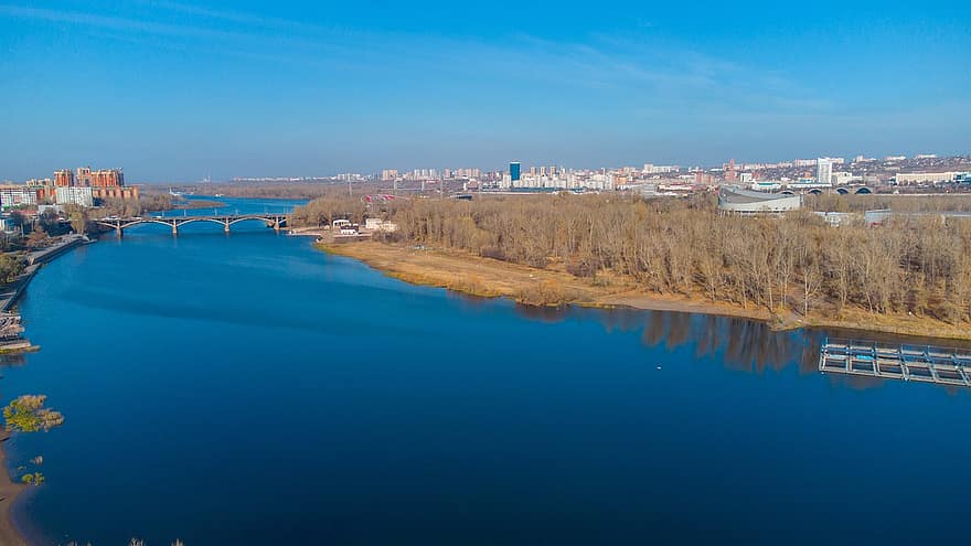 řeka, most, stromy, yenisei, Krasnojarsk, siberia, město, ostrov