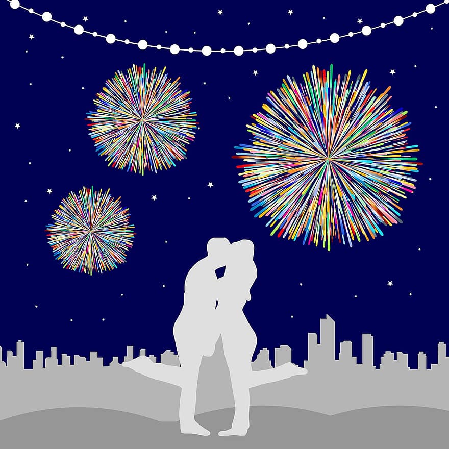 vuurwerk, zoenen, paar, achtergrond, Nieuwjaar, Nieuwjaarsscène, romance