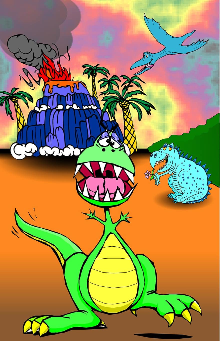 dinosaurios, volcán, los niños, póster, divertido, clipart, dibujo, dibujos animados, personaje, infancia, gracioso