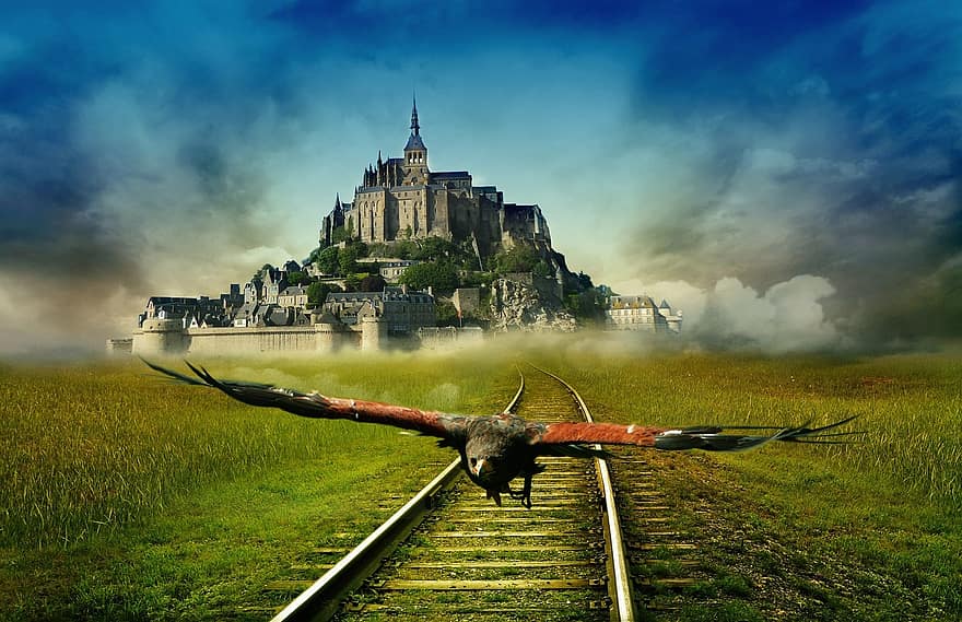 Saint Michel Brittany Manastırı, Fransa, kale, yol treni, peyzaj, fırtına, bulutlar, fantezi, kartal, kuş, yırtıcı kuş