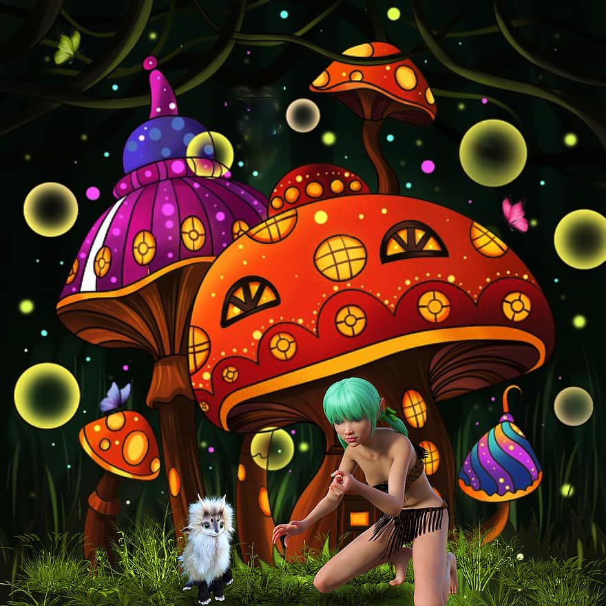 грибы, эльф, фантастика, женщина, существо, животное, жилой дом, шары, лес, ночь, иллюстрация