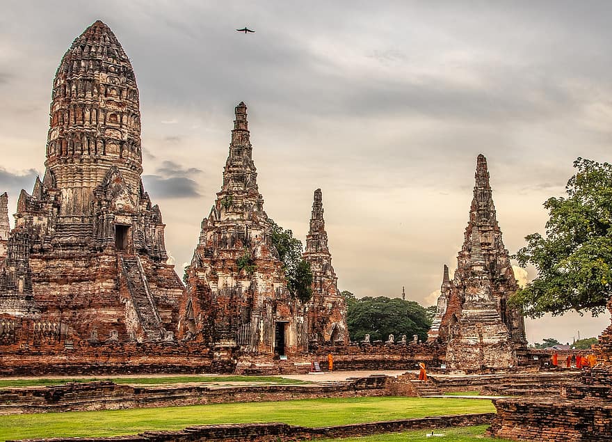 Kuil, reruntuhan, struktur, bangunan, kompleks, buddha, wat chai watthanaram, Thailand, agama Buddha, thailand tengah, Asia