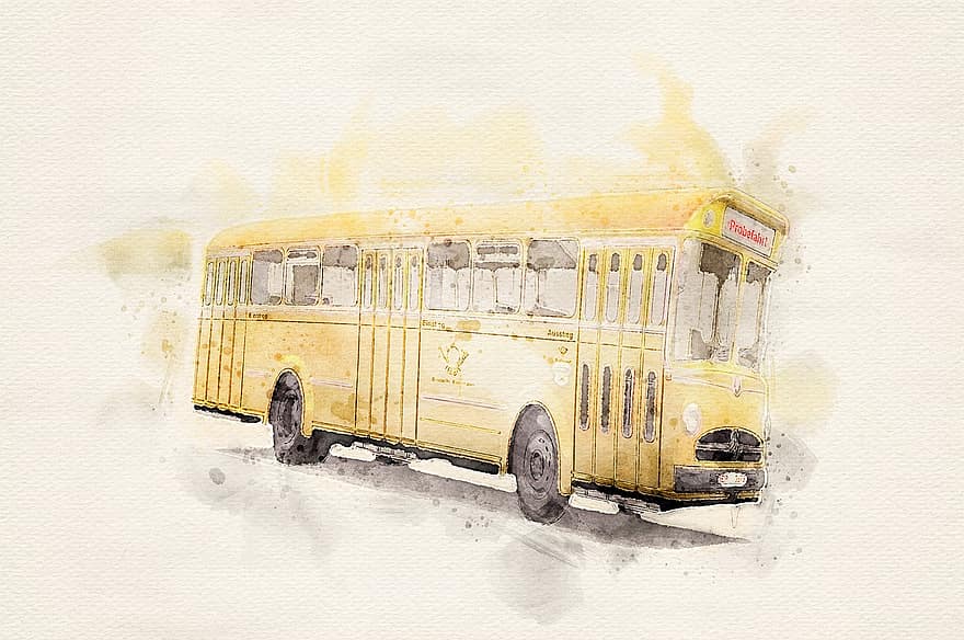autobuss, transportlīdzekli, ceļš, automašīnu, akvarelis, ekskursija
