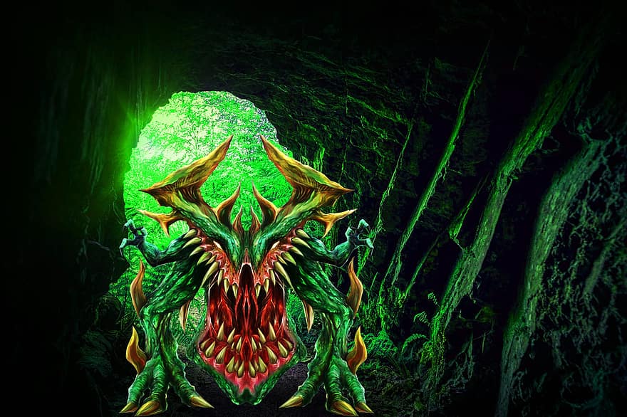 la grotte, monstre, fantaisie, créature, vert, cauchemar, horreur, effrayant