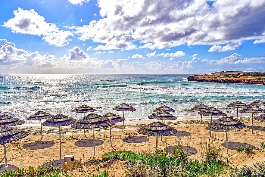 playa, paraguas, Playa de arena, destino, mar, nubes, cielo, naturaleza, playa nissi, ayia napa, Chipre