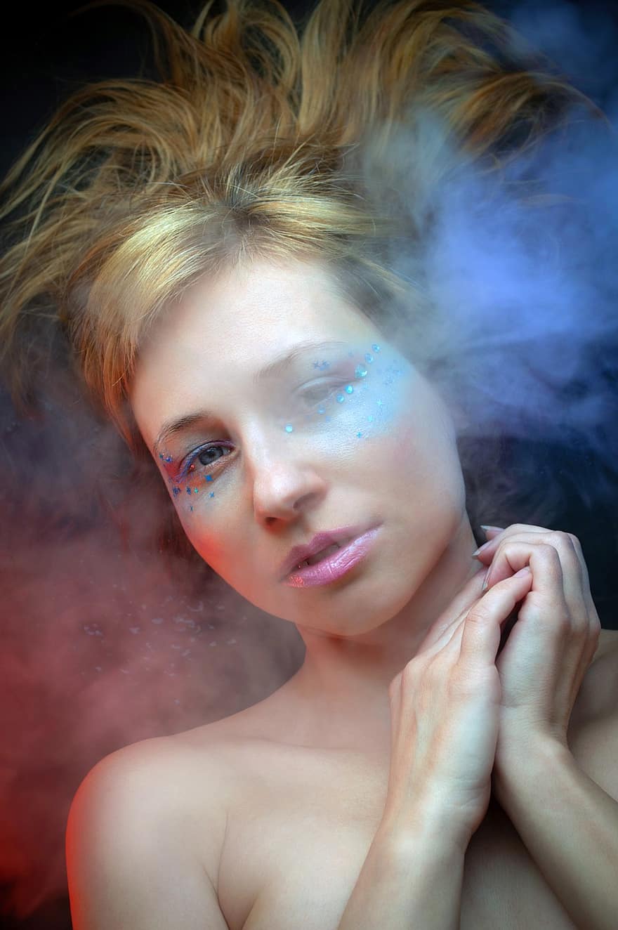 Portrait, Woman, Hands, Close-up, Neon, Makeup, Put Up, Sequins, Rhinestones, Style, Dry Ice
