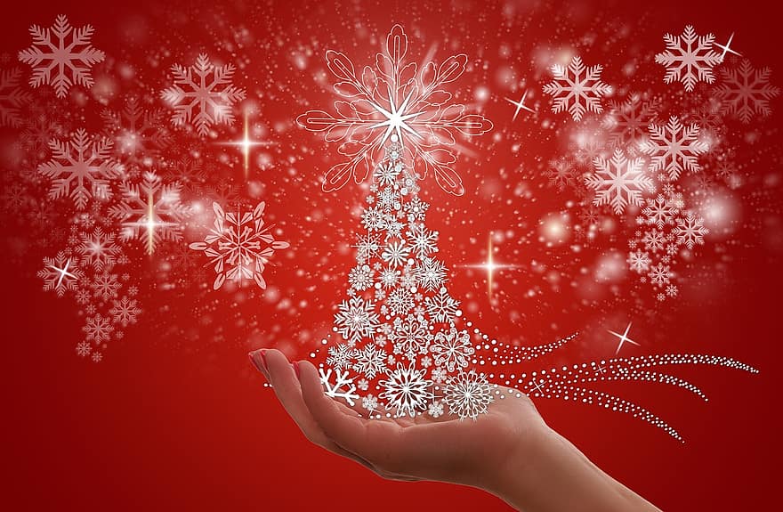 Vánoce, hvězda, sněhové vločky, ledový krystal, ruka, vánoční strom, dekorace, příchod, Pozadí, zlatý, Jasný