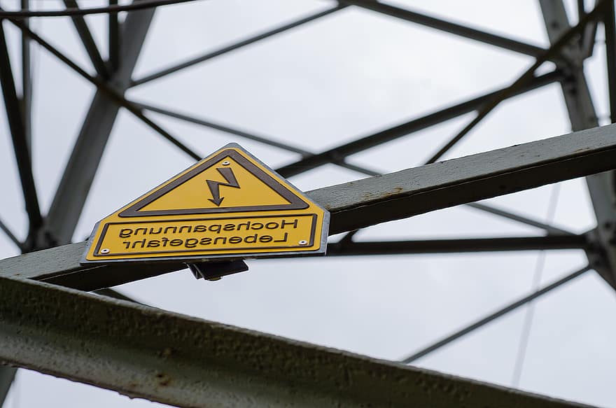 Power Line, Warning Sign, Danger Of Death, Overhead Line, Mast, Yellow, Note, Tower