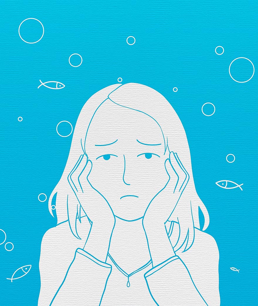 Cartoon, Imagination, Creativity, Girl, Fish, Bubble, Underwater, Sadness