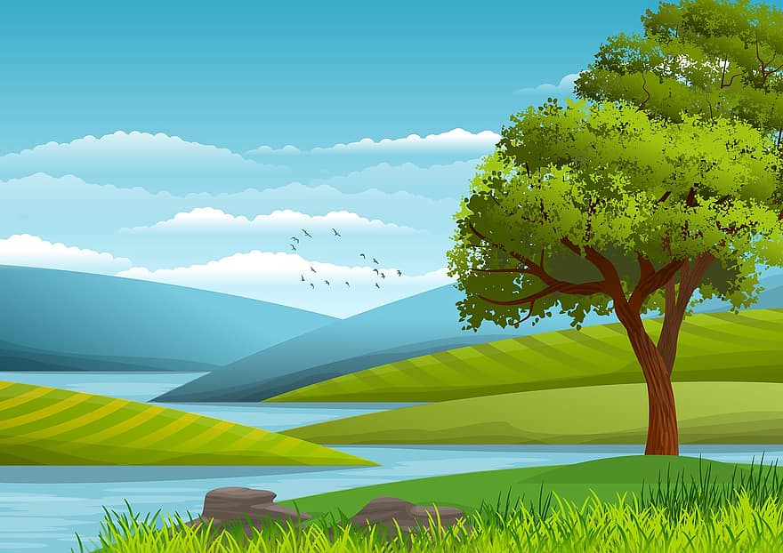 illustratie, achtergrond, behang, landschap, natuur, tekening, kunst, heuvels, landelijk, groen, blauw
