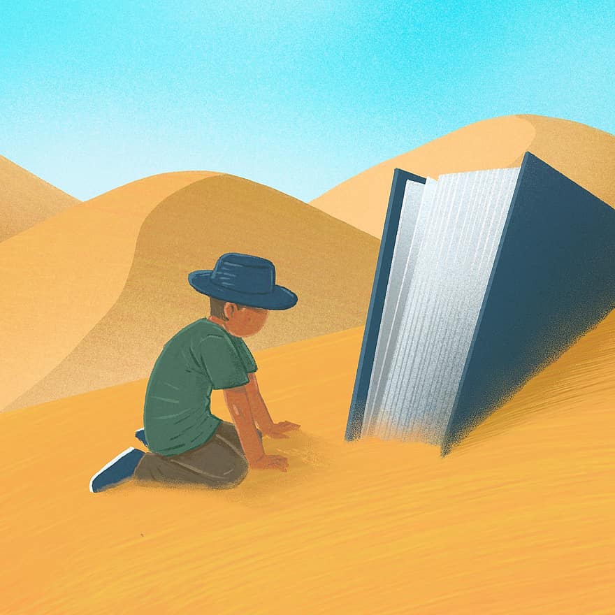 Desert, Man, Book, Knowledge, Loneliness, Wandering, Traveler, Sahara, Sand Dunes, Surrealism, Imagination