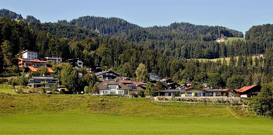 casas, encosta, floresta, arvores, niederdorf, Tirol, natureza, horizonte, nuvens, pastagens, assentamento