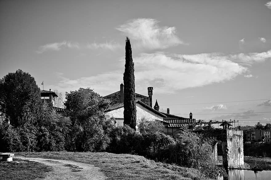 Флоренция, Тоскана, холмы, оливковые деревья, пейзаж, виллы, кипарисы, панорам, мост, архитектура, старый