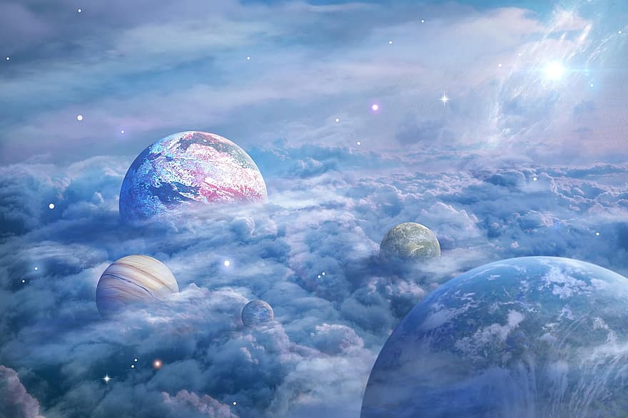 espace, galaxie, univers, planètes, des nuages, ciel, fantaisie, rêver, lune, étoiles, planète