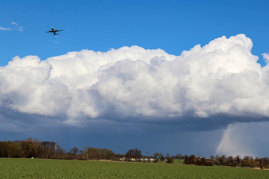 tájkép, felhők, repülőgép, időjárás, eső, április, Brandenburg, ber, kék, felhő, ég