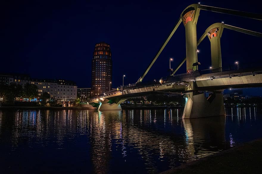 tiltas, naktis, frankfurtas, miestas, dangoraižiai, naktiniai žibintai, susiliejimas, architektūra, žinoma vieta, miesto vaizdą, vanduo