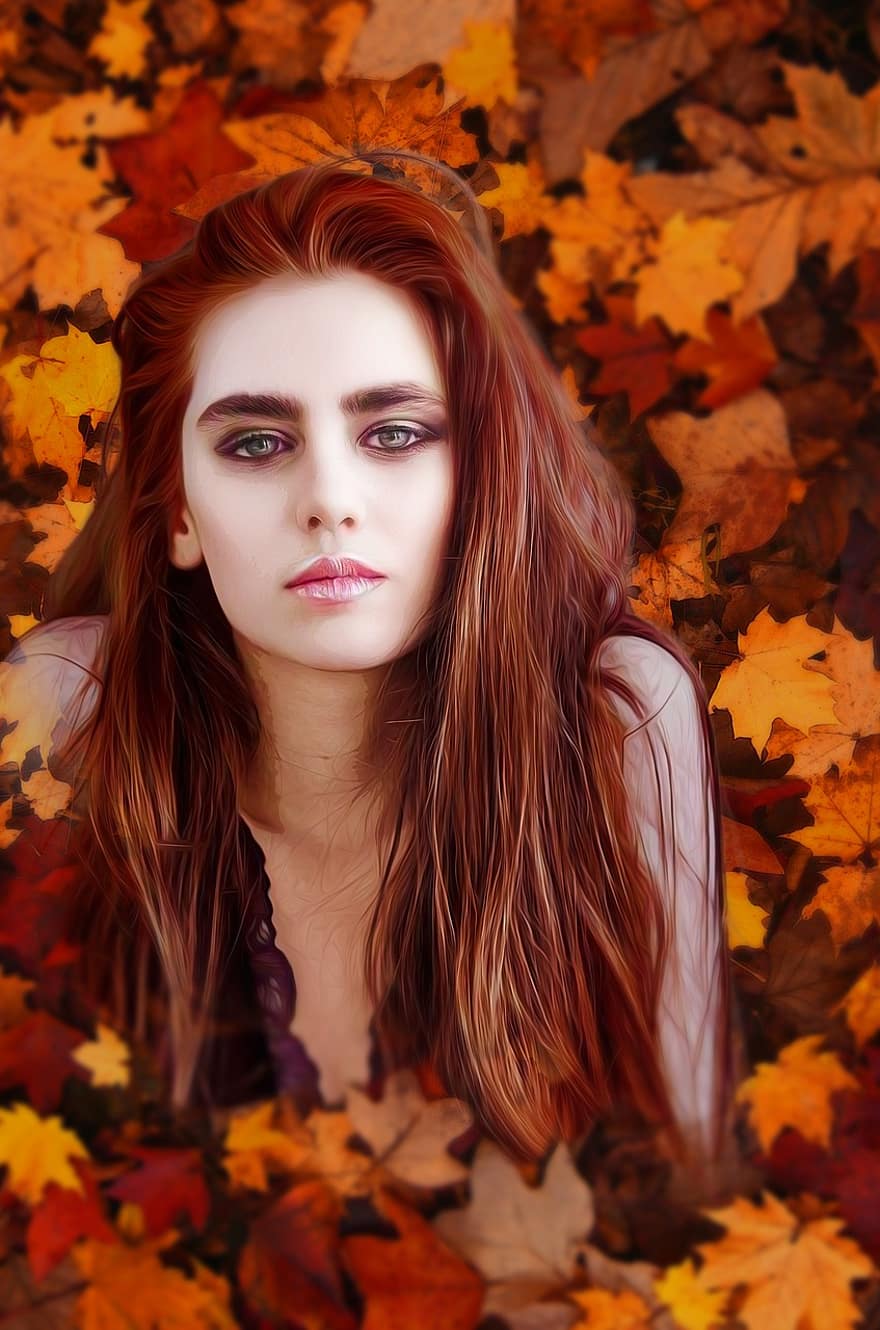 kvinne, falle, portrett, høst, blader, pike, rødhåret, skjønnhet, sminke, ansikt, langt hår