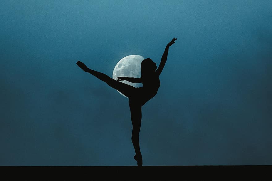 sieviete, mēness, siluets, dejas, dejotājs, naktī, tumšs, meitene, balerīna, balets, klints