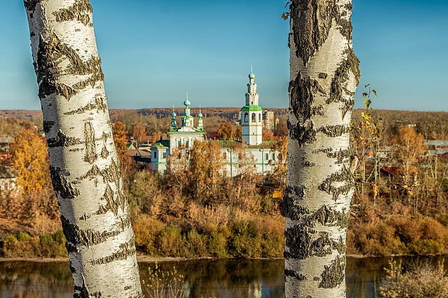 град, река, Kungur, есен, православна църква, религиозна сграда, туристическа дестинация, Русия, историческа забележителност, слънчева светлина, природа