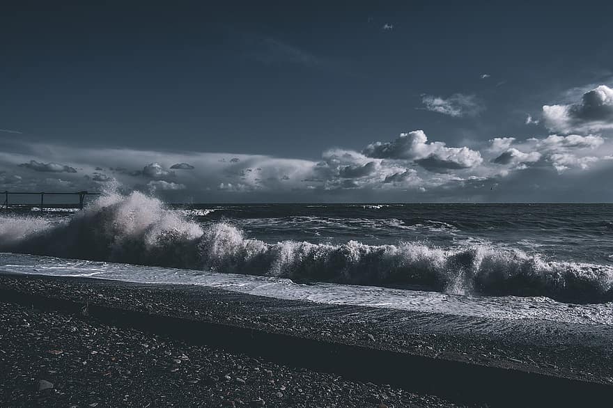 zee, golven, strand, zand, storm, natuur, hemel, wolken, horizon, sochi