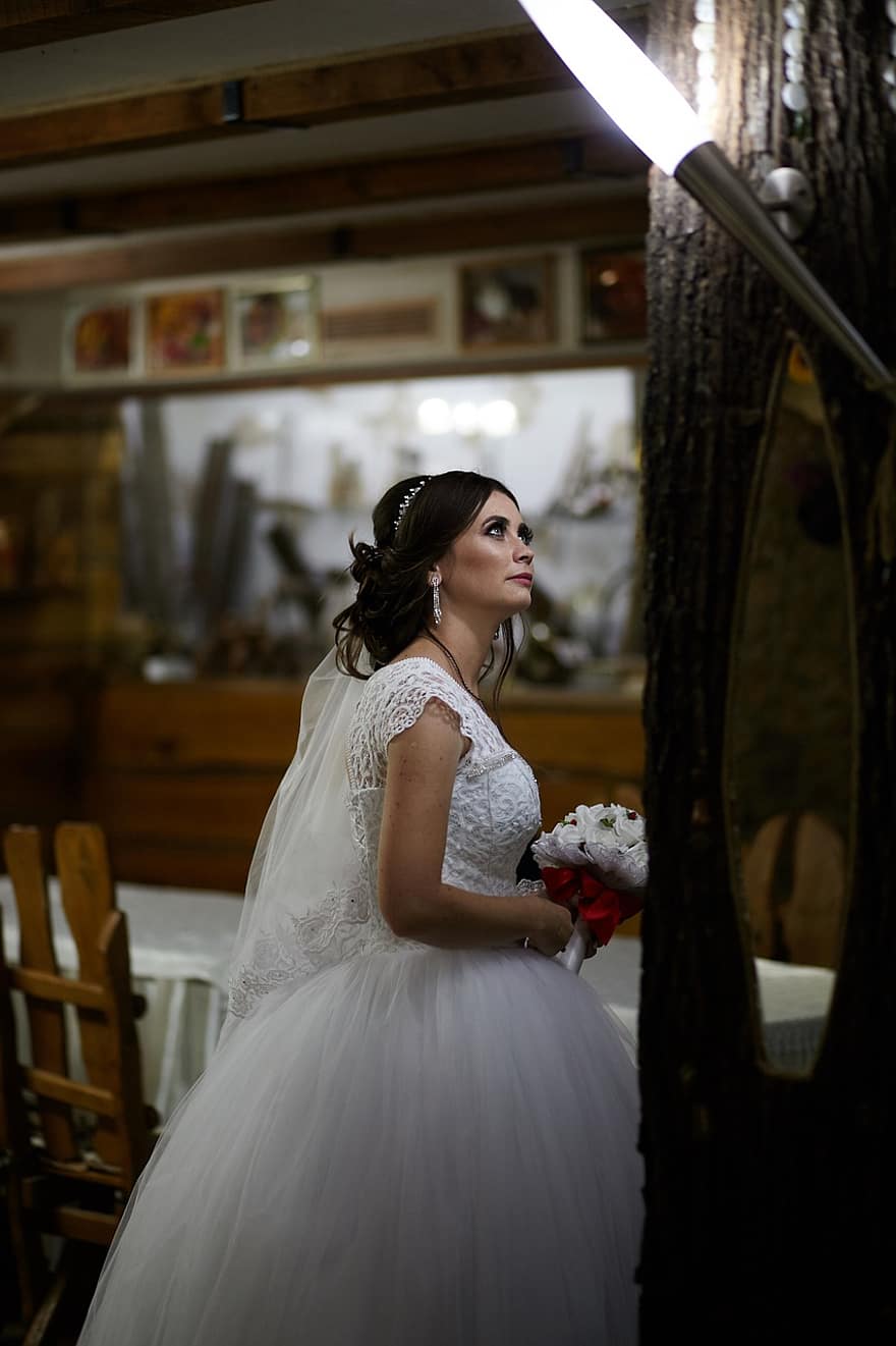 Bride, Woman, Bouquet, Flowers, Dress, Veil, Wedding, Marriage