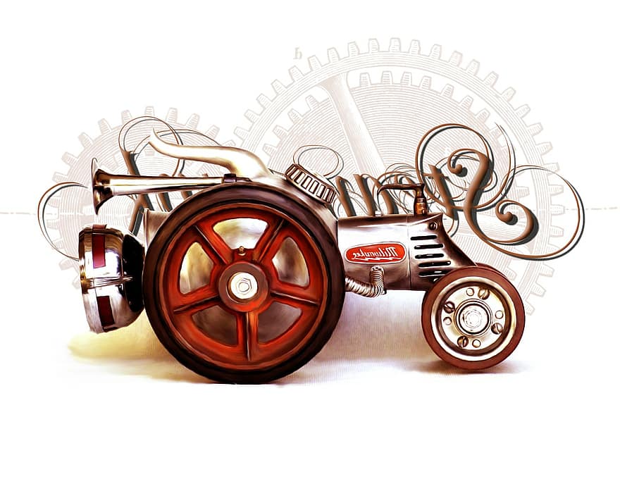 traktors, transportlīdzekli, tvaika dzinējs, steampunk, trekker