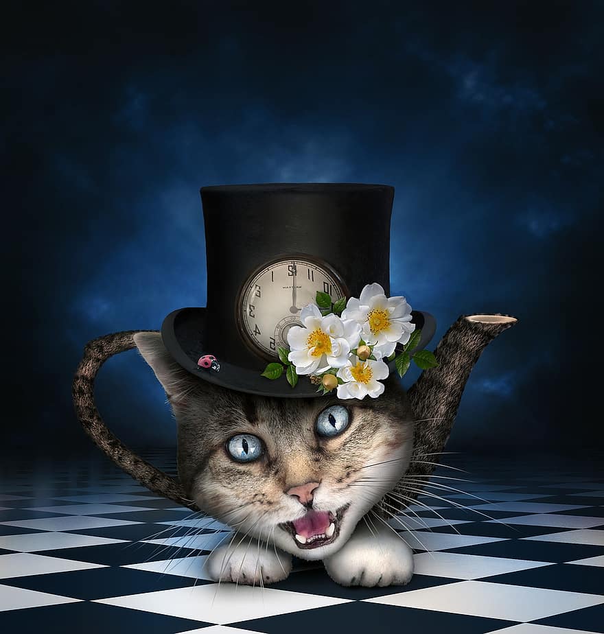 Алис, страната на чудесата, котка, роза, чайник, гледам, път, шах, цилиндър, фантазия, луд