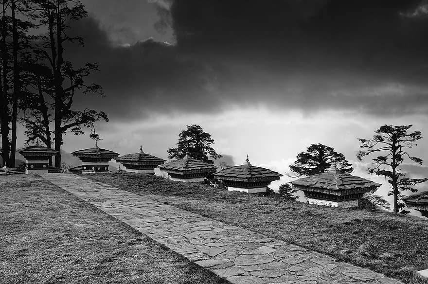 camino, arboles, mal tiempo, nubes amenazadoras, blanco y negro, SO, asiático, cultura budista, Bután, Thimphu, ecológico